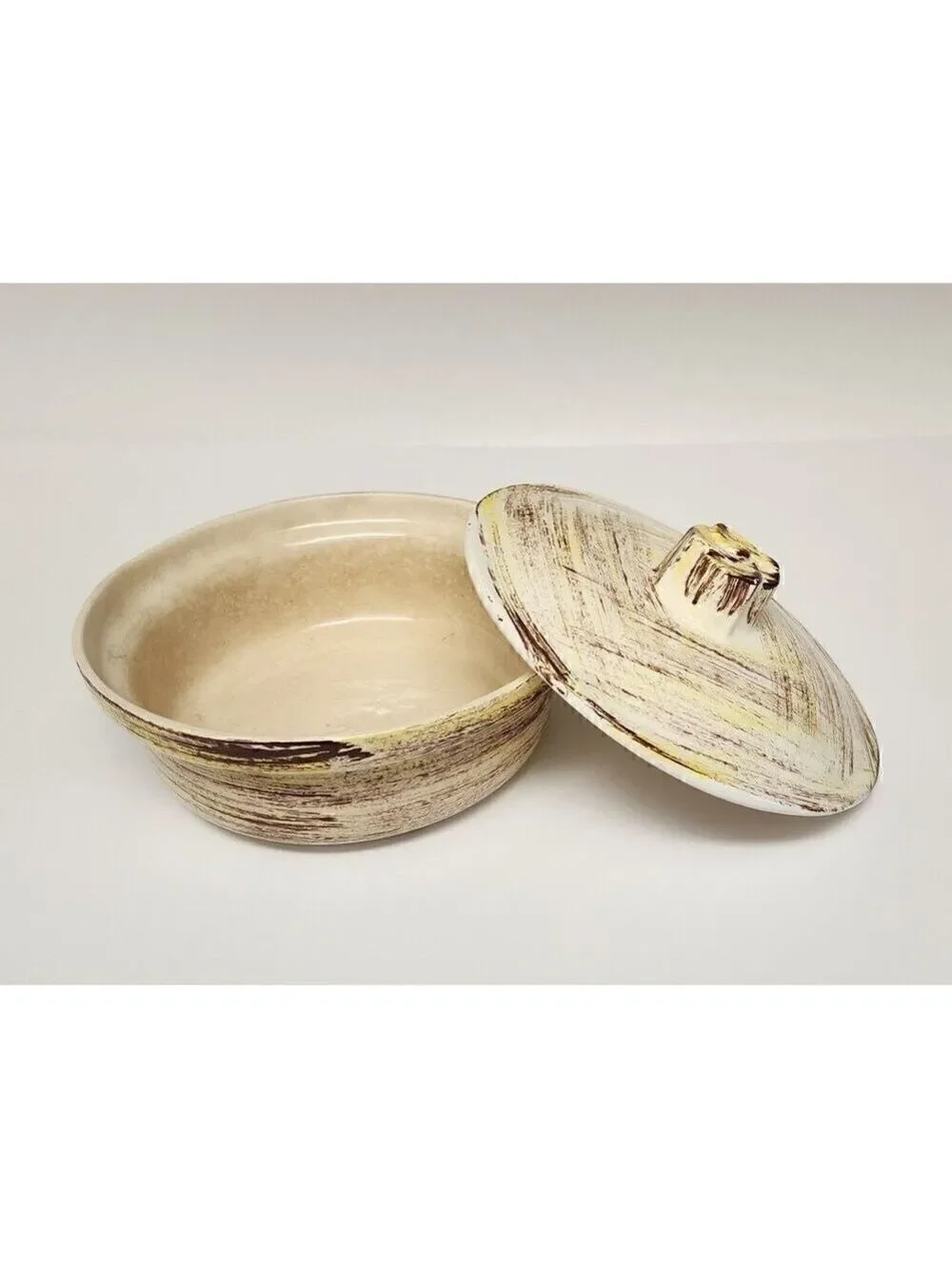 Vernonware Mid Century Brown, Ivory Yellow Ceramic Serving Dish w Lid 7x4.5